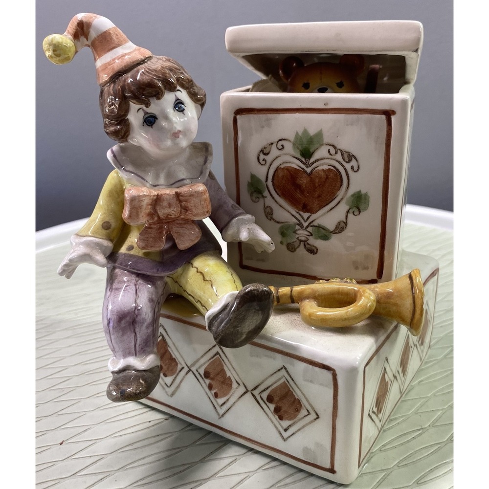 Schmid Music box carnival circus clown‎ W/teddy bear jack-in-the-box 1983 WORKS!